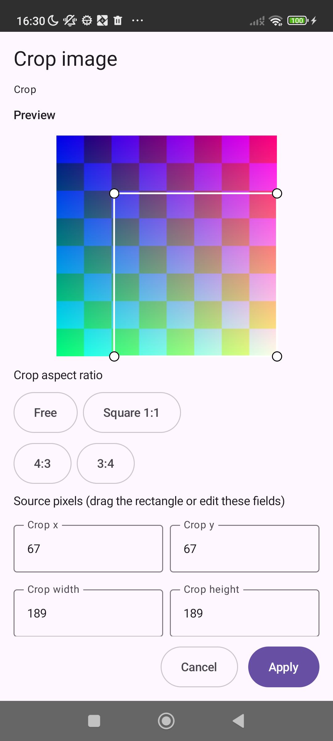 Choose the crop: A draggable rectangle, aspect ratios and editable source coordinates. Synthetic image only, Android debug build.