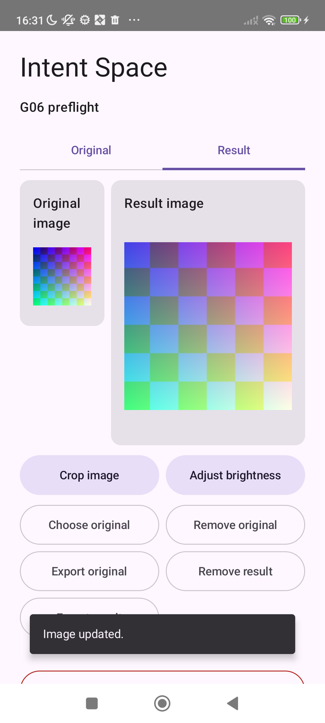 Keep the result: The derived crop is shown separately from the original test image. Synthetic image only, Android debug build.