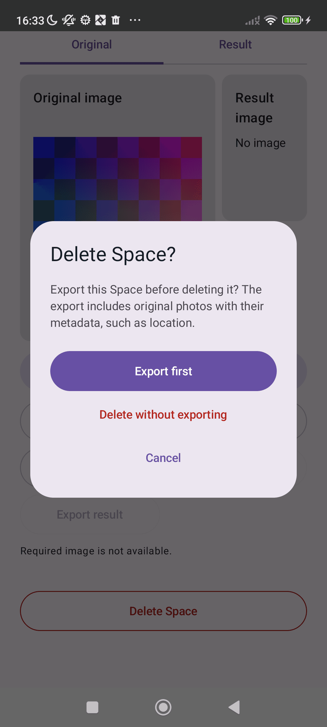 Export before deleting: A deletion flow offers a backup and discloses original-photo metadata. Synthetic image only, Android debug build.