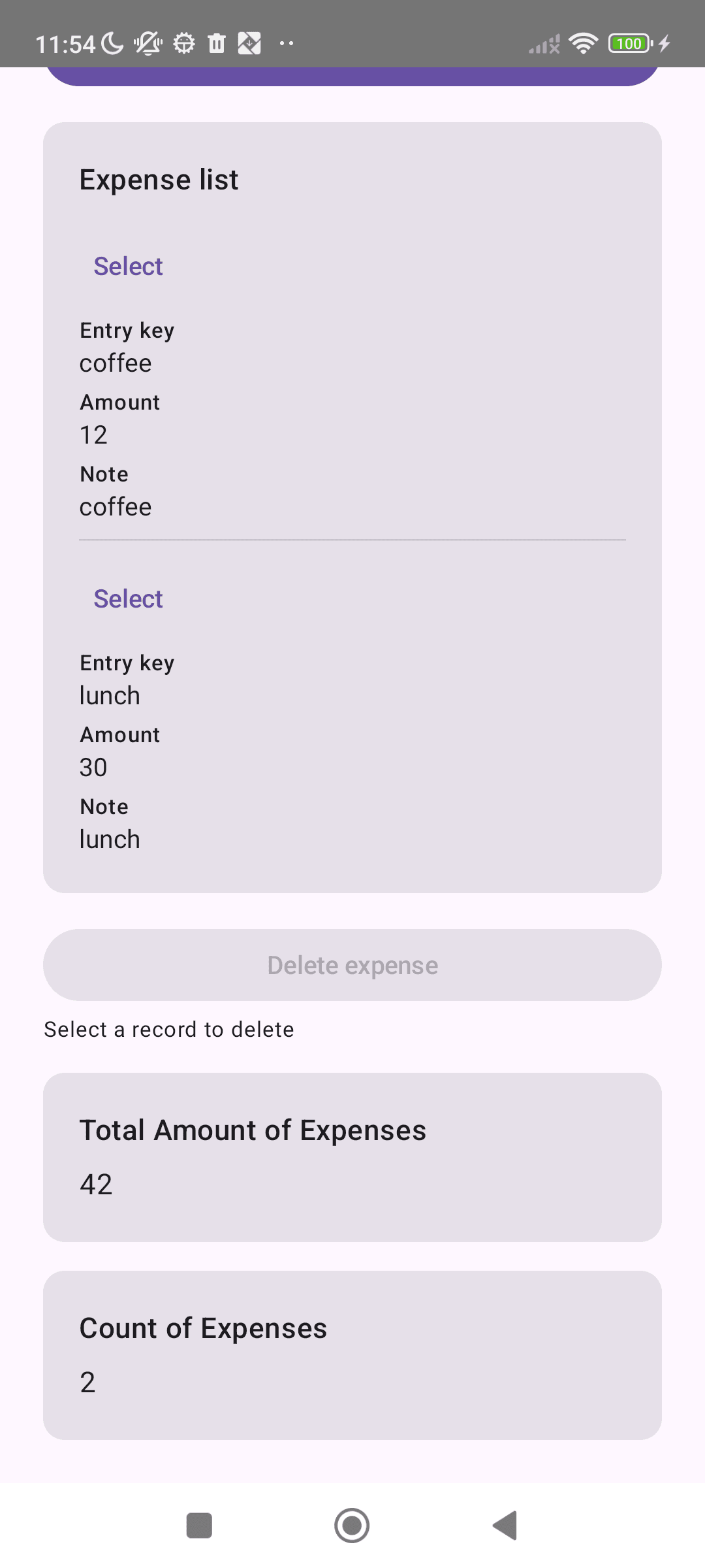 Expense Space with coffee 12 and lunch 30, Total Amount of Expenses 42 and Count of Expenses 2.